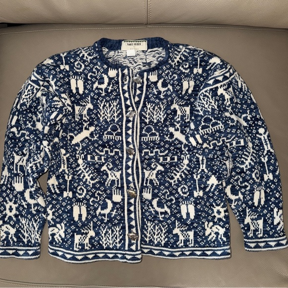 Sage Greek by Liz Ence Sweaters - Sage Greek Liz Ence Blue/White Sweater sz S Celtic Paleolithic Arrowhead Buttons